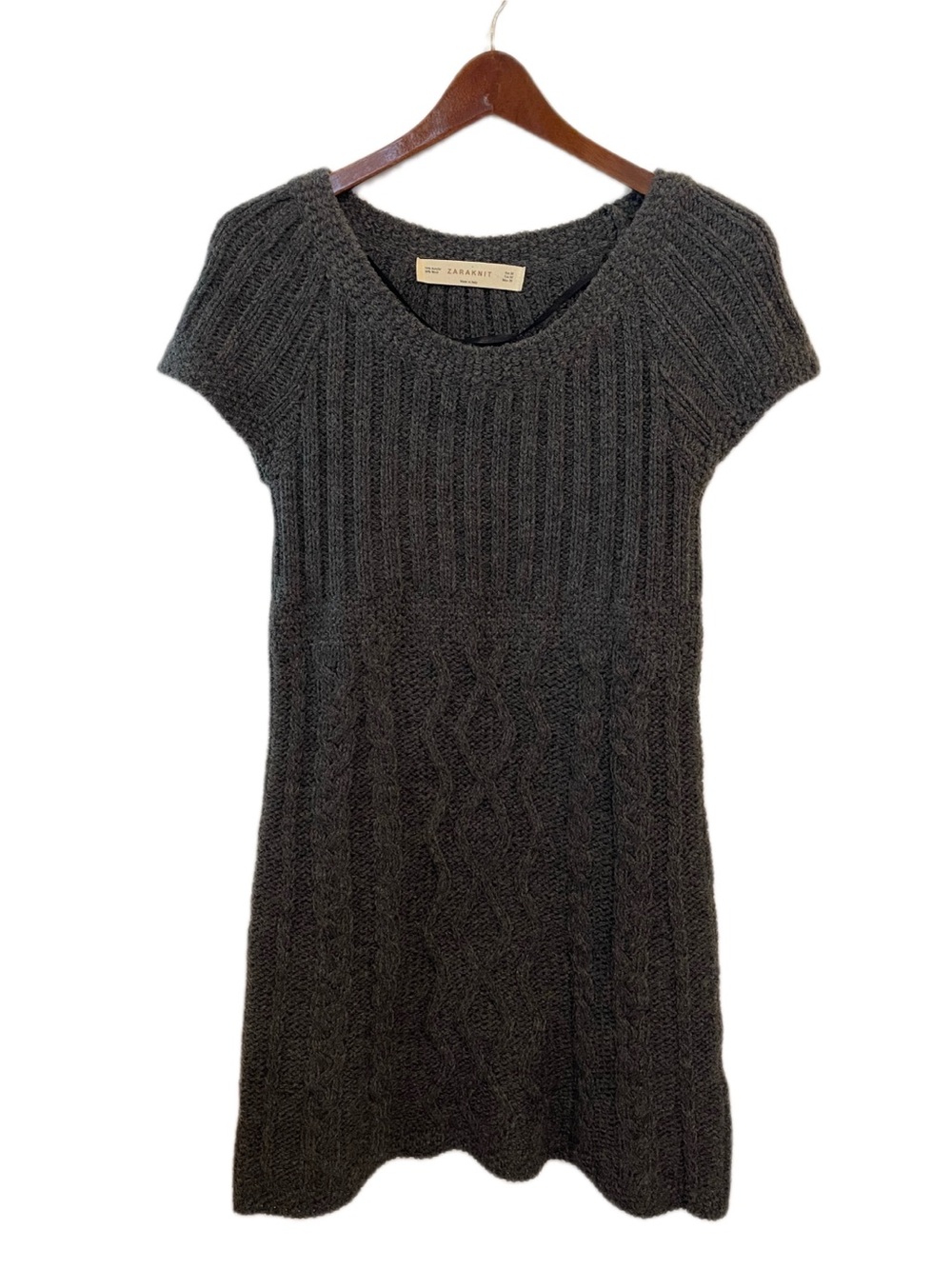 ZARA KNIT Sweater Dress Gray Cable Knit Scoop Neck Cap Sleeve Medium Wool Blend